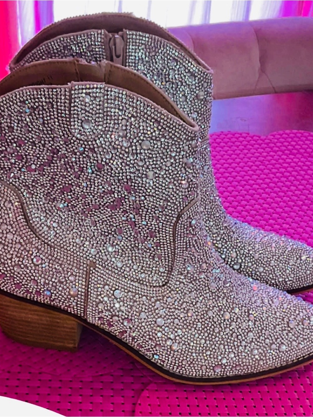 Embellished Crystal-Studded Ankle Boots - Blush